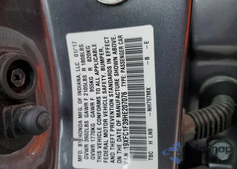 2017 Honda Civic Ex from USA, damaged, VIN 19XFC1F39HE207076